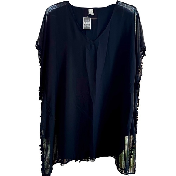 West Loop Black Boho Kimono Cover Up Pom Pom Trim V Neck Sheer NWT OSFM - Picture 1 of 11